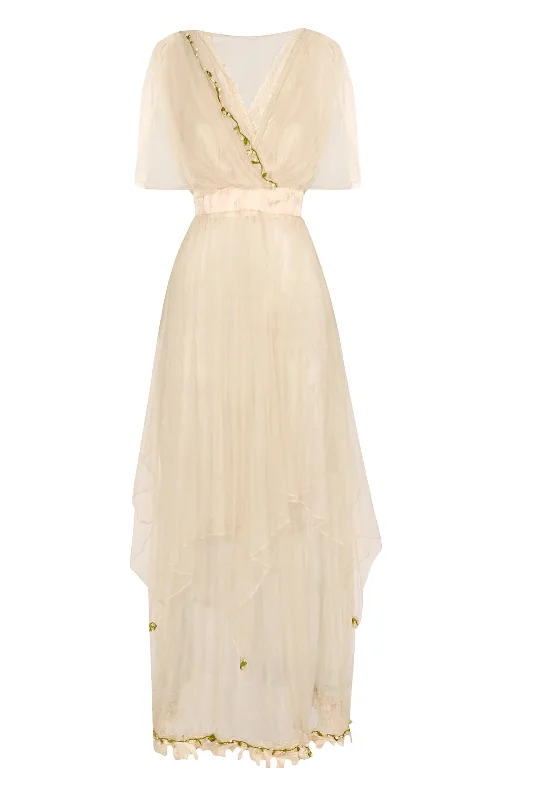 Sustainable Women's Apparel Ivory Layered Tulle Dress with Floral Details