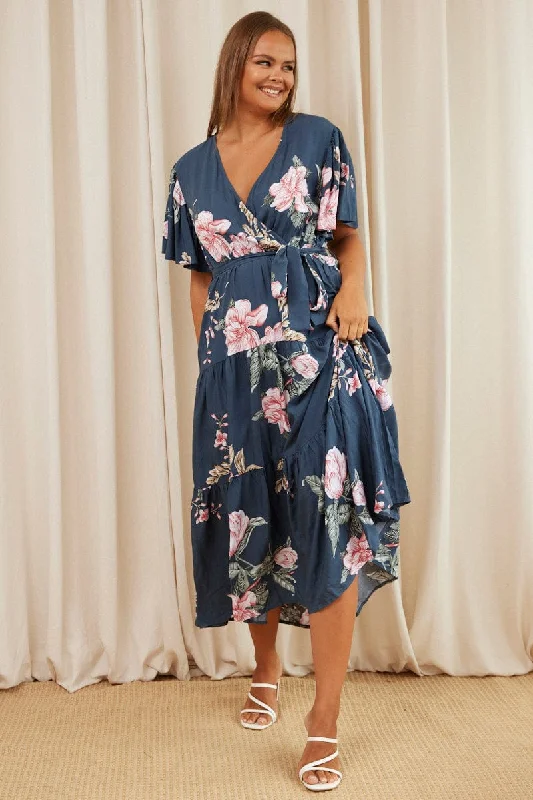 Women's Office Clothing Blue Floral Maxi Dress Short Sleeve Wrap Front Tiered