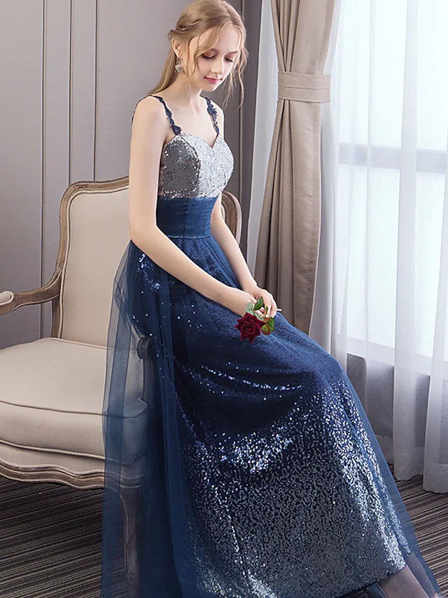 Women's Formal Apparel Empire Elegant Wedding Guest Prom Dress Spaghetti Strap Sleeveless Floor Length Tulle with Sequin