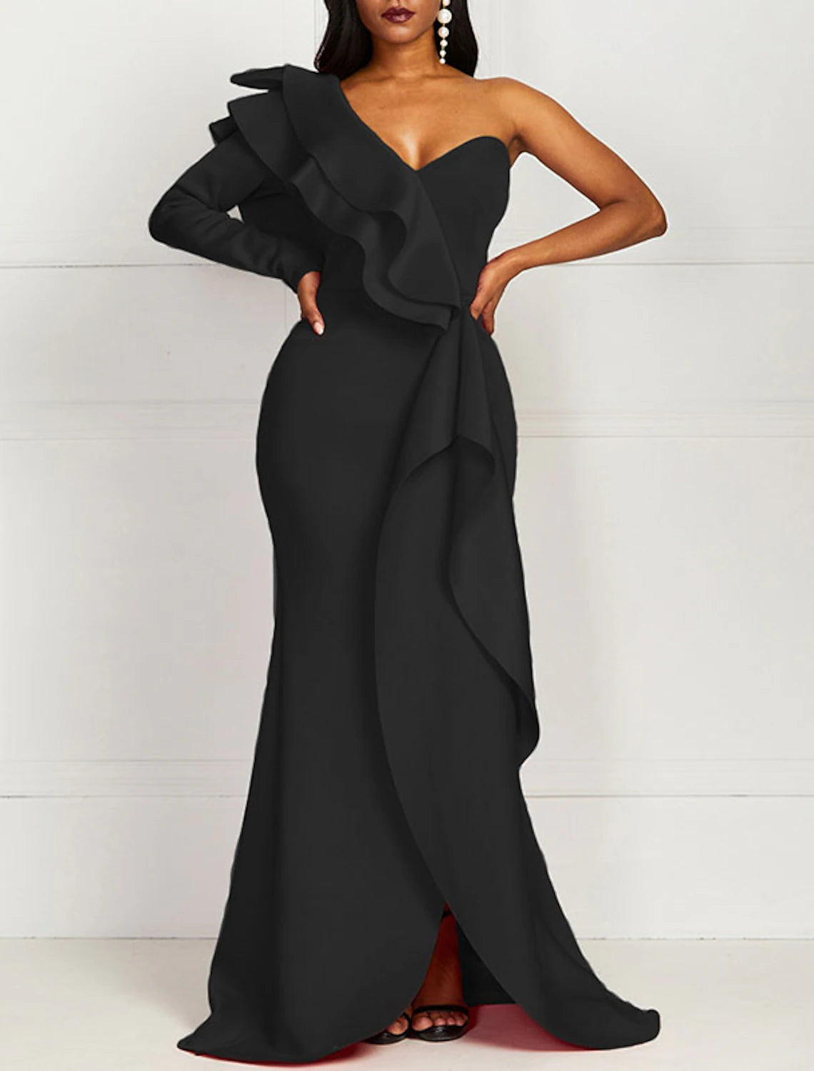 Women's Luxury Attire Mermaid Black Dress Plus Size Evening Gown Minimalist Dress Formal Evening Floor Length Long Sleeve One Shoulder Fall Wedding Guest Stretch Fabric with Ruffles Pure Color