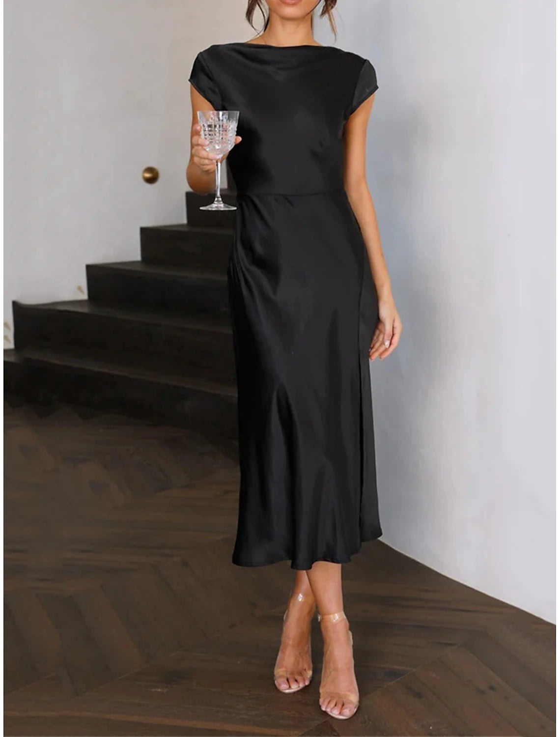 Women's Travel Apparel Women's Sequin Dress Party Dress Cocktail Dress Midi Dress Black Champagne Brown Short Sleeve Plain Backless Summer Spring Fall Surplice Neck Elegant Wedding Guest Vacation Spring Dress