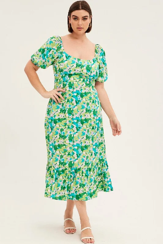 Women's Comfortable Lounge Attire Green Floral Midi Dress Puff Sleeve Tie Front Rayon