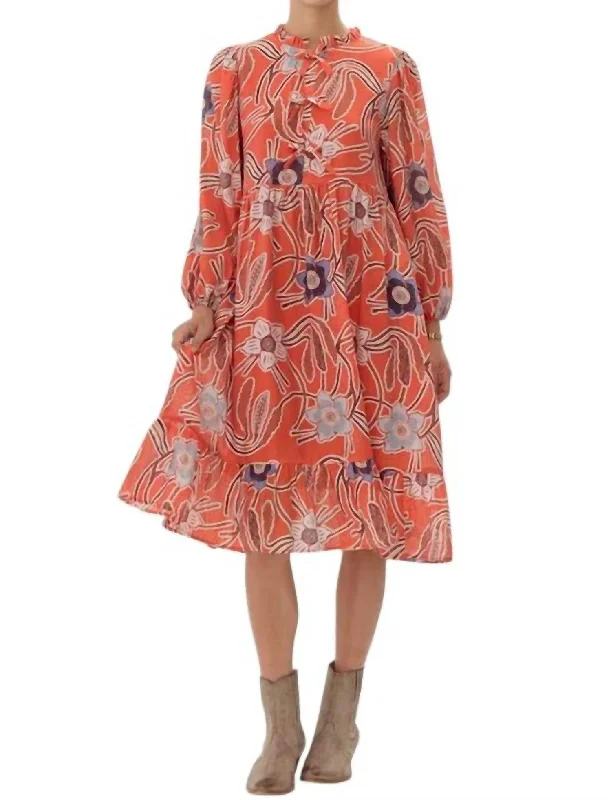 Women's Casual Clothing For Lounging Print Floral Midi Dress In Orange