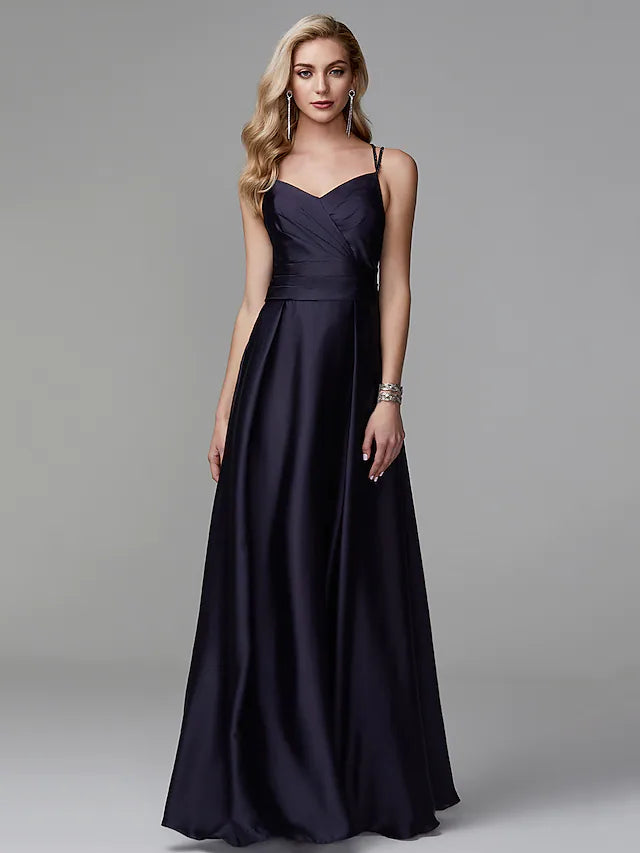 Women's Elegant Apparel A-Line Special Occasion Dresses Beautiful Back Dress Wedding Guest Floor Length Sleeveless Spaghetti Strap Satin Crisscross Back with Beading Side Draping