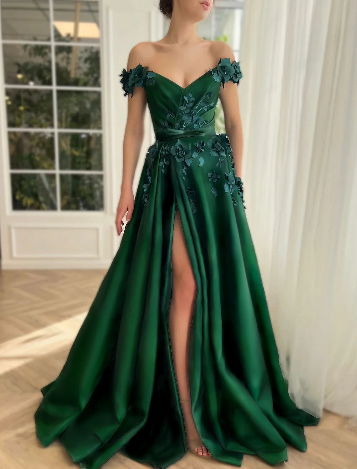 Women's Party Outfit Ball Gown Prom Dresses Luxurious Dress Christmas Red Green Dress Wedding Party Floor Length Short Sleeve Off Shoulder Satin with Slit Appliques