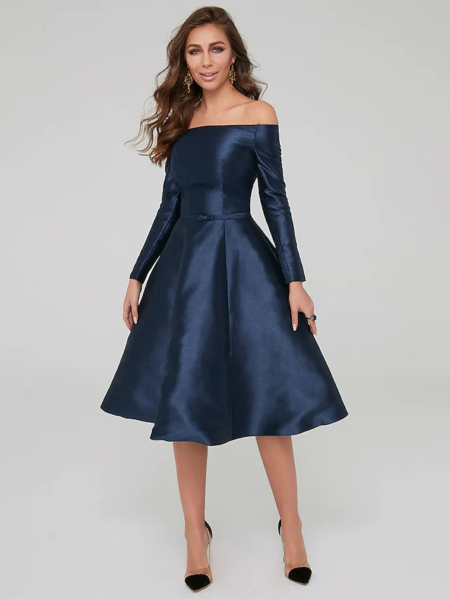 Women's Outerwear Clothing Special Occasion Dresses Party Dress Wedding Guest Knee Length Long Sleeve Off Shoulder Satin with Pleats