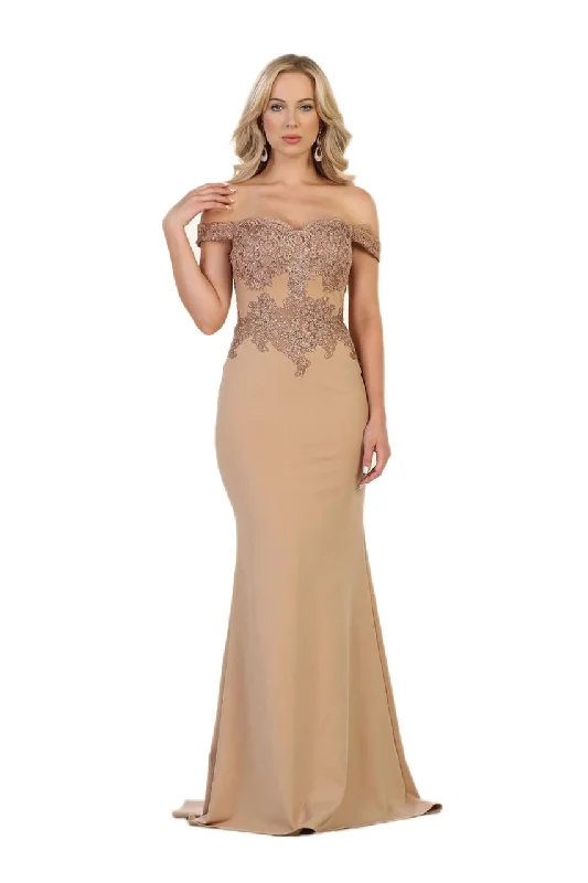 Women's Trendy Apparel May Queen MQ-1529 Off Shoulder Lace Ornate Trumpet Gown