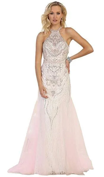 Women's Chic Outerwear Attire May Queen - RQ-7572 Bedazzled Halter Neck Sheath Evening Gown - 1 pc Pink In Size 8 Available