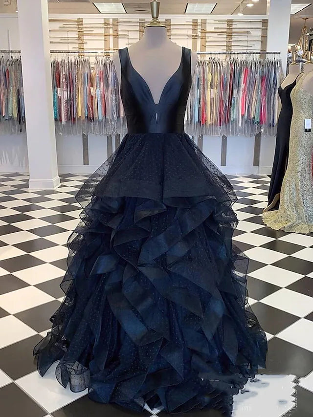 Women's Clothing For Work Ball Gown Prom Dresses Tiered Dress Wedding Party Floor Length Sleeveless V Neck Tulle with Ruffles