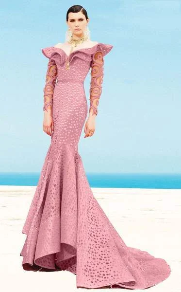 Casual Attire For Women MNM COUTURE - Ruffle Off-Shoulder Laser Cut Mermaid Gown 2345