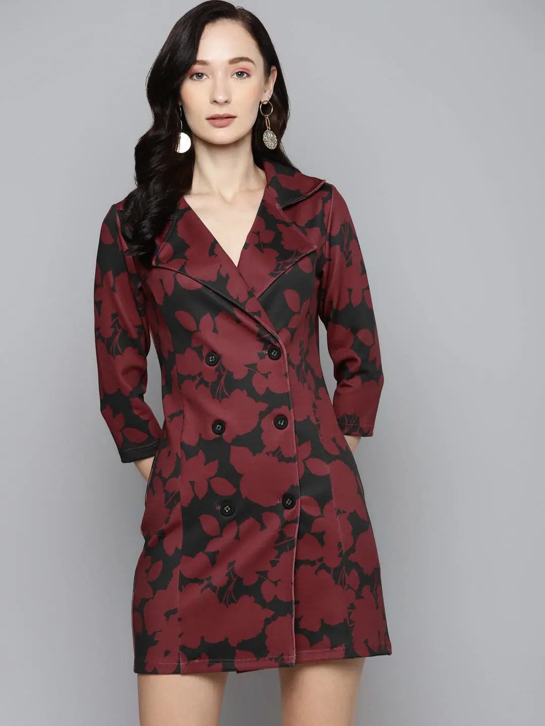 Women's Everyday Attire Red Floral Scuba Blazer Dress