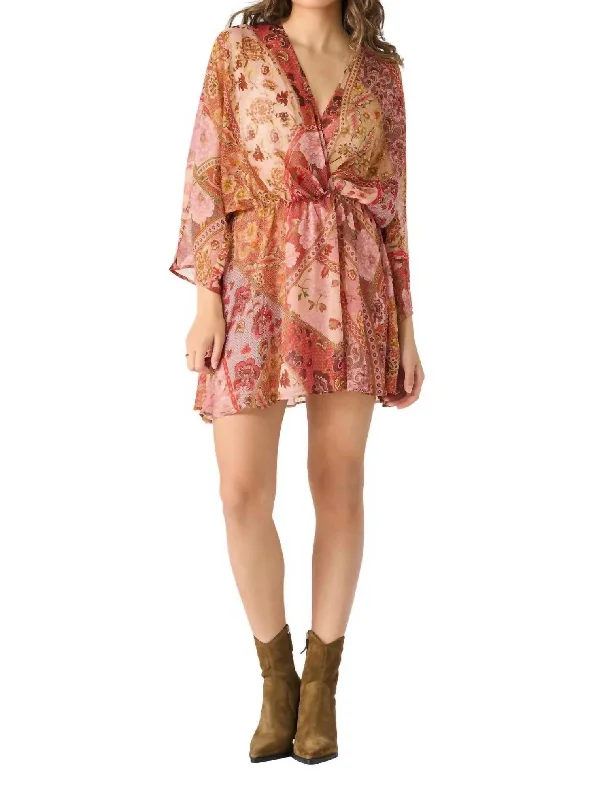 Charming Women's Outfit For Special Occasions Butterfly Sleeve Patch Print Wrap Mini Dress In Russet Floral Patchwork