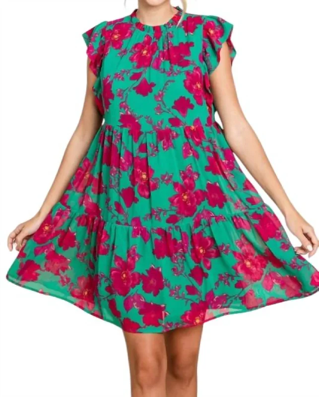 Women's Tops And Clothing Floral Tiered Ruffle Sleeve Dress In Green/pink