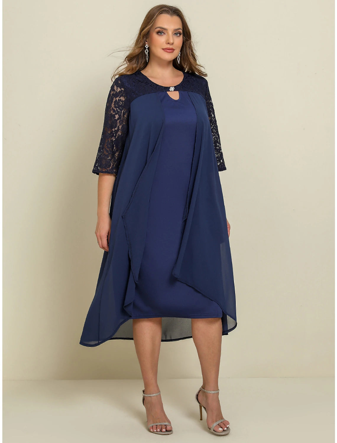 Women's Professional Attire Women‘s Plus Size Curve Work Dress Chiffon Dress Swing Dress Long Dress Maxi Dress 3/4 Length Sleeve Lace Layered V Neck Outdoor Summer Spring Wedding Guest Dress