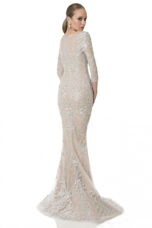 Vintage-Inspired Women's Apparel Terani Couture Trumpet Gown in Nude Silver 1613E0355A