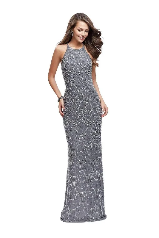 Women's Elegant Evening Attire La Femme Halter Neck Scallop Embellished Sheath Gown 26030