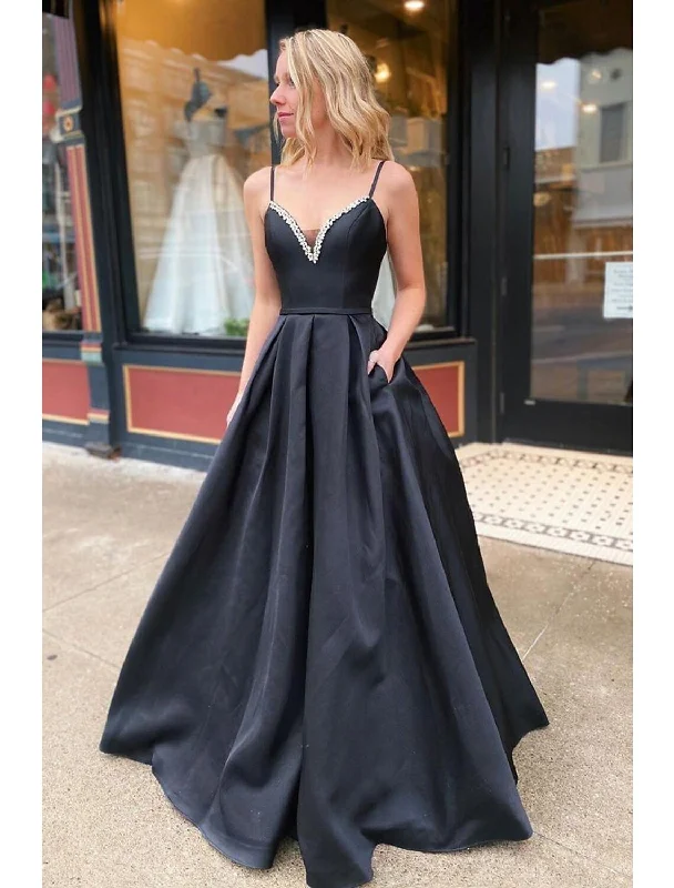 Women's Casual Outfit A-Line Prom Dresses Open Back Dress Formal Wedding Guest Floor Length Sleeveless V Neck Pocket Stretch Satin Backless with Pleats Beading Pocket