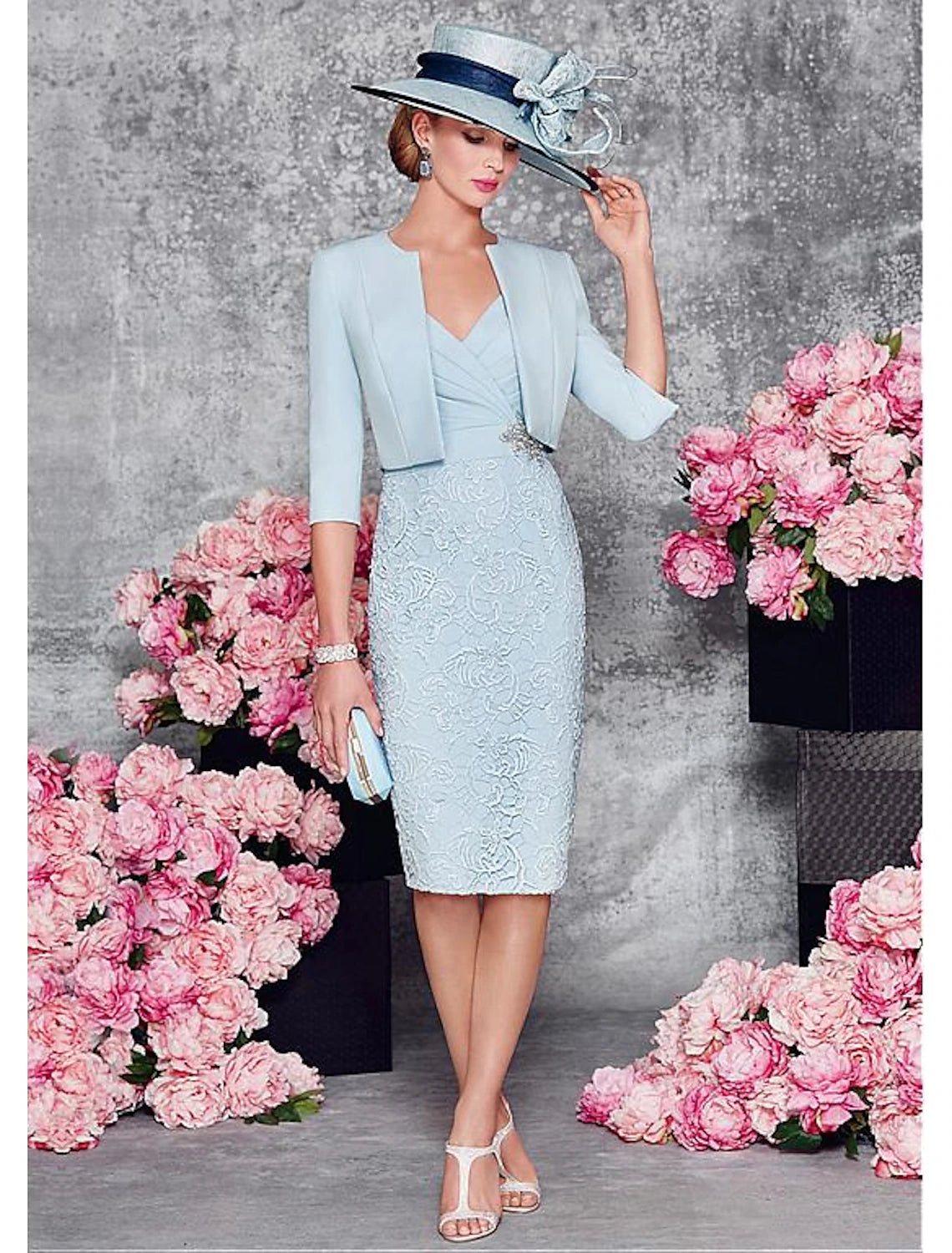 Women's Elegant Evening Outfit Two Piece Sheath / Column Mother of the Bride Dress Wedding Guest Church Half Sleeve Short Jacket Dresses with Lace Split Front Crystal Brooch