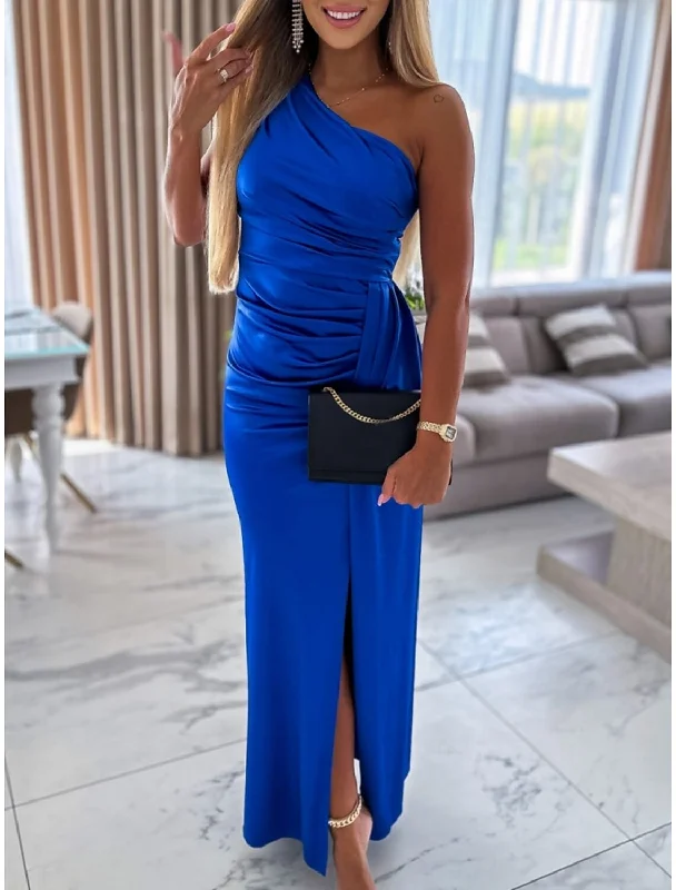 Women's Plus-Size Attire Women's Prom Dress Party Dress Satin Dress Long Dress Maxi Dress Blue Sleeveless Pure Color Ruched Spring Fall Winter One Shoulder Party Wedding Guest Evening Party Vacation