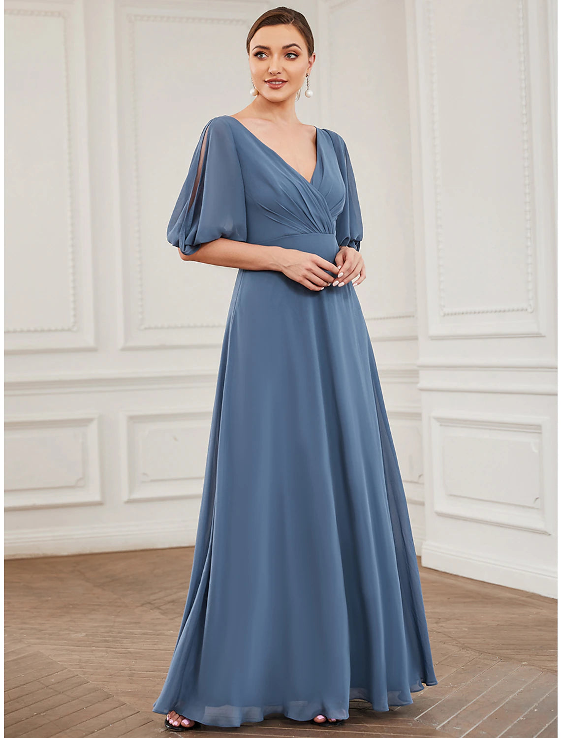 Classic Women's Clothing Styles A-Line Evening Gown Minimalist Dress Wedding Guest Prom Floor Length Half Sleeve V Neck Chiffon with Pleats