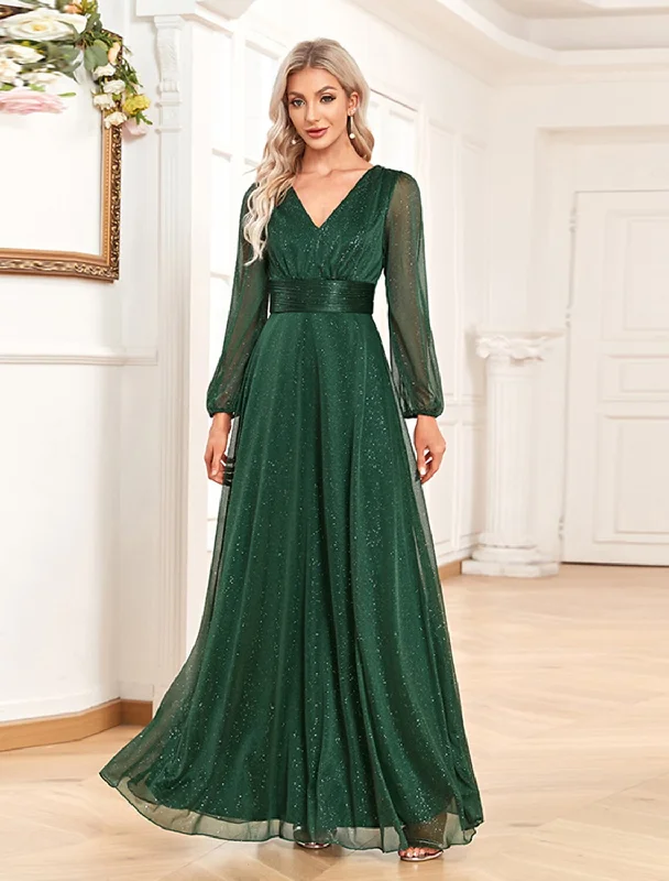 Women's Outdoor Attire A-Line Evening Gown Sparkle & Shine Dress Formal Wedding Party Dress Floor Length Long Sleeve V Neck Chiffon with Sequin