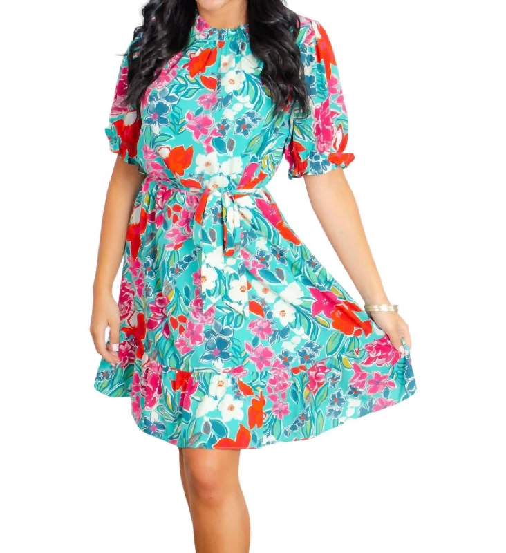 Women's Stylish Professional Garments Bri Floral Short Sleeve Dress In Blue