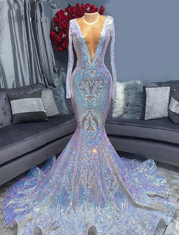 Women's Casual Wear Clothing Mermaid / Trumpet Evening Gown Floral Dress Formal Chapel Train Long Sleeve V Neck African American Sequined with Sequin