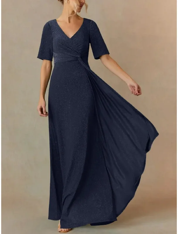 Women's Comfortable Garments A-Line Mother of the Bride Dress Wedding Guest Elegant V Neck Floor Length Chiffon Short Sleeve with Ruching