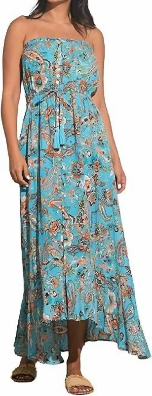 Women's Garments Strapless Maxi Dress In Turquoise Floral