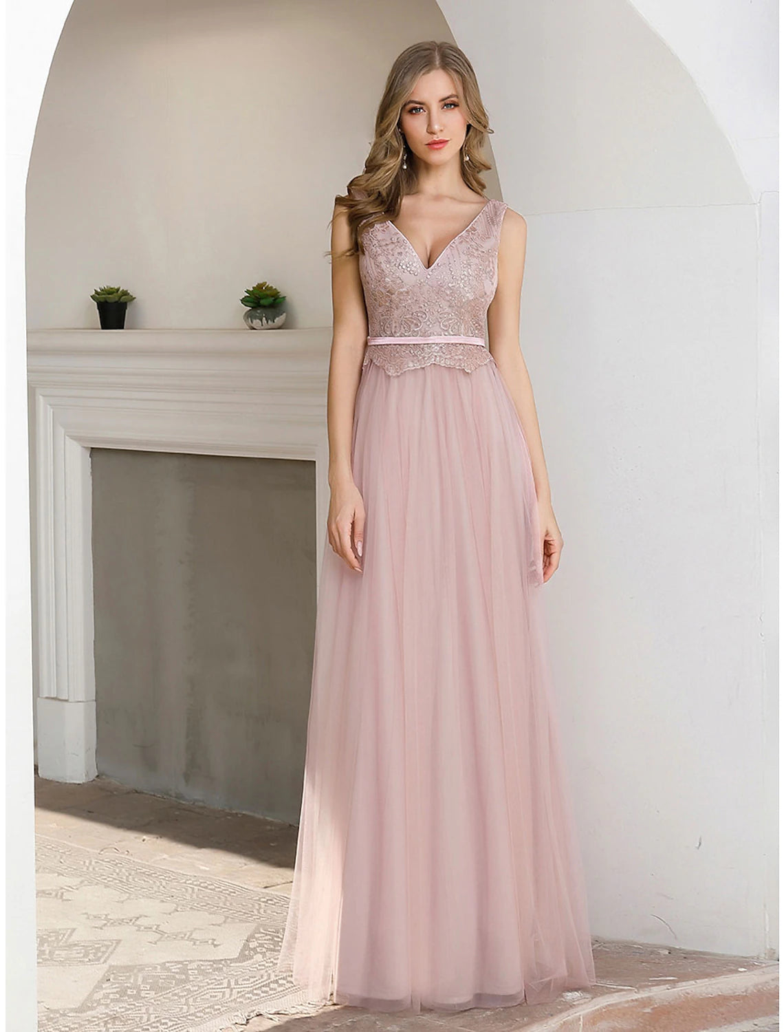 Women's Transitional Outfit A-Line Evening Gown Elegant Dress Wedding Guest Formal Evening Floor Length Sleeveless V Neck Satin V Back with Sash / Ribbon Sequin