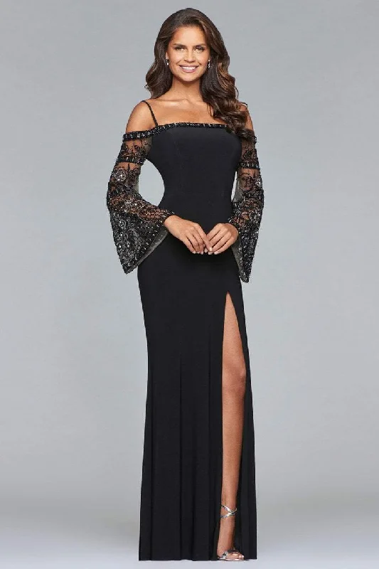 Vintage-Inspired Garments Faviana Illusion Bell Sleeve Off Shoulder Long Gown s10101 - 1 pc Black In Size 10 Available