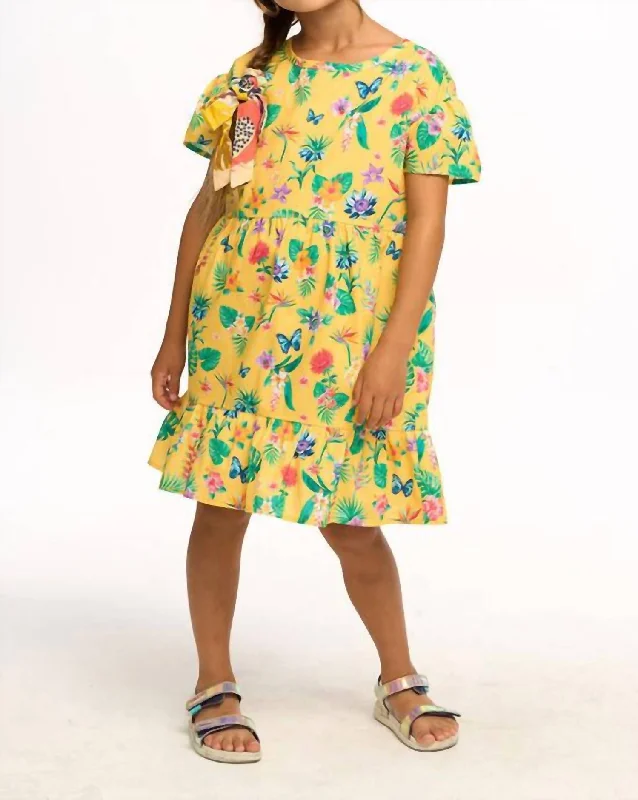 Classic Clothes For Women Tropical Floral Sleeve Dress In Lemon