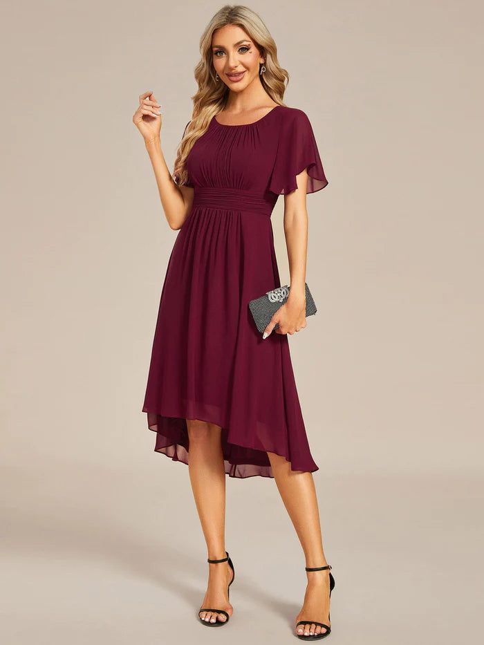 Women's Vacation Garments Flowy Chiffon Round Neckline A-Line Knee Length Wedding Guest Dress