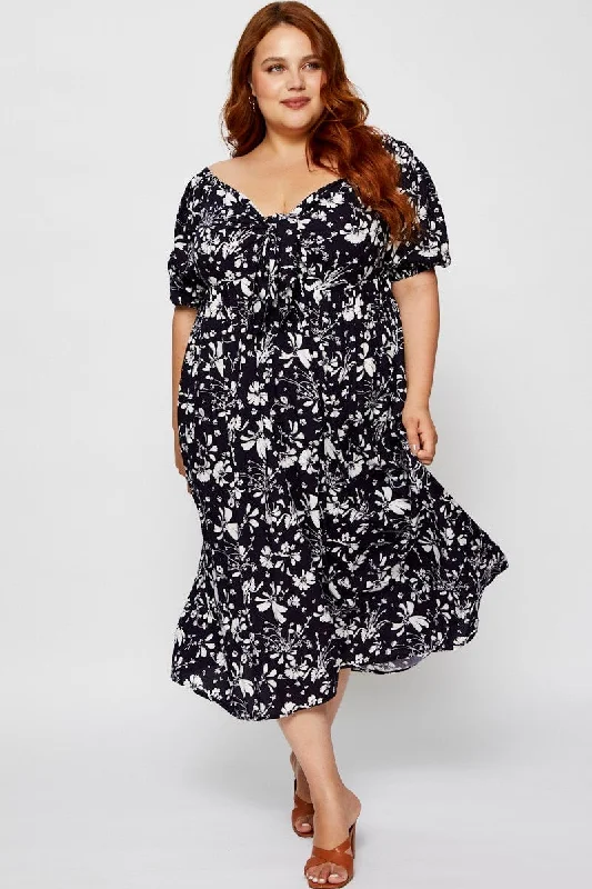 Women's Clothing For Casual Outings Floral Print Midi Dress V-neck Short Sleeve