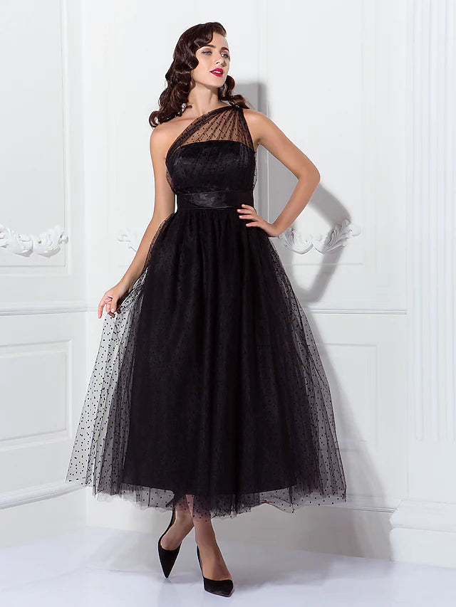 Vintage-Inspired Garments A-Line Cocktail Dresses Vintage Dress Wedding Guest Ankle Length Sleeveless One Shoulder  Addams  Tulle with Pleats Pattern  Print