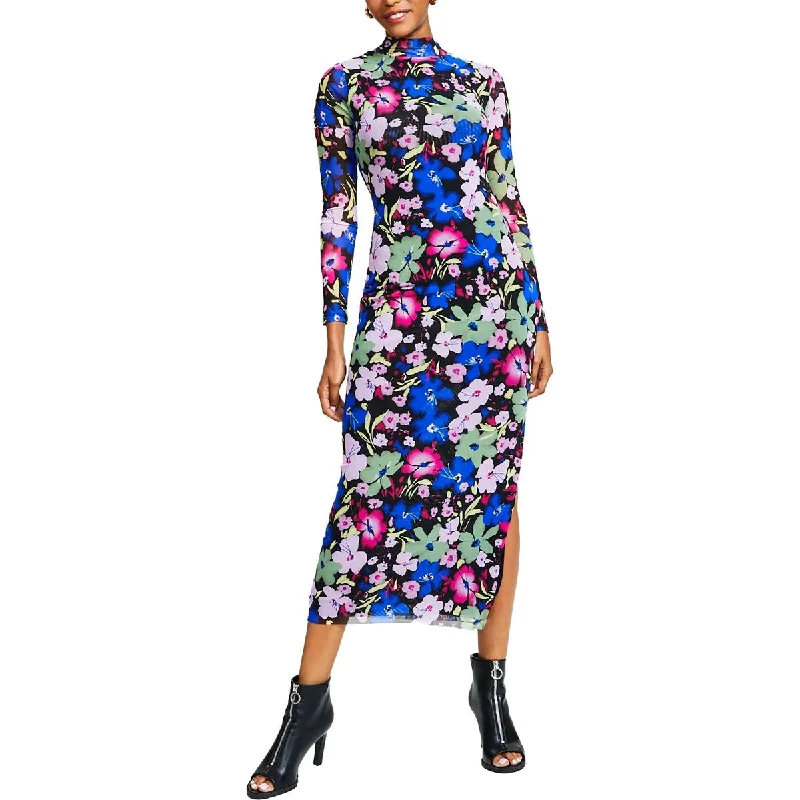 Women's Clothes And Apparel Petites Womens Floral Print Mock Neck Midi Dress