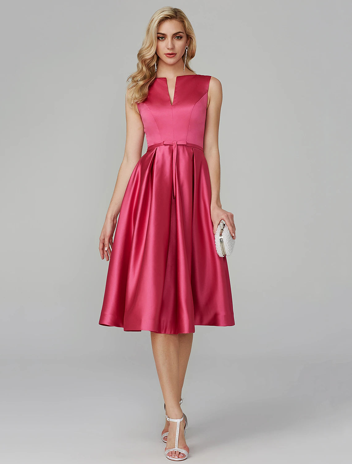 Women's Elegant Clothes A-Line Elegant Dress Valentine's Day Wedding Guest Knee Length Sleeveless V Wire Pink Dress Satin with Sash / Ribbon