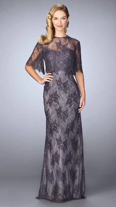 Women's Formal Event Outfit La Femme Beaded Lace Gown with Capelet 24856SC - 1 pc Charcoal in Size 10 & 1 Pc Navy in Size 16 Available