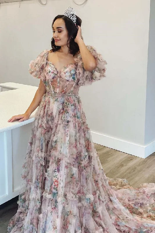 Women's Clothes And Garments Princess A-Line Floral Corset Long Prom Dress with Balloon Sleeves gh2896