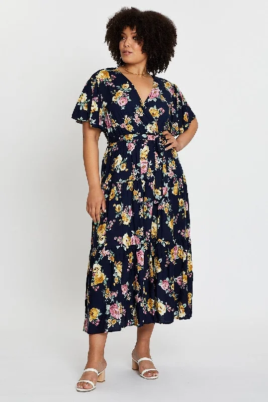 Trendy Athleisure Clothing For Women Floral Print Short Sleeve Tieredmaxi Dress