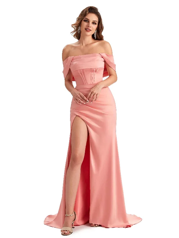 Women's Clothing Sets Sexy Side Slit Mermaid Soft Satin Off The Shoulder Unique Long Wedding Attendee Dresses