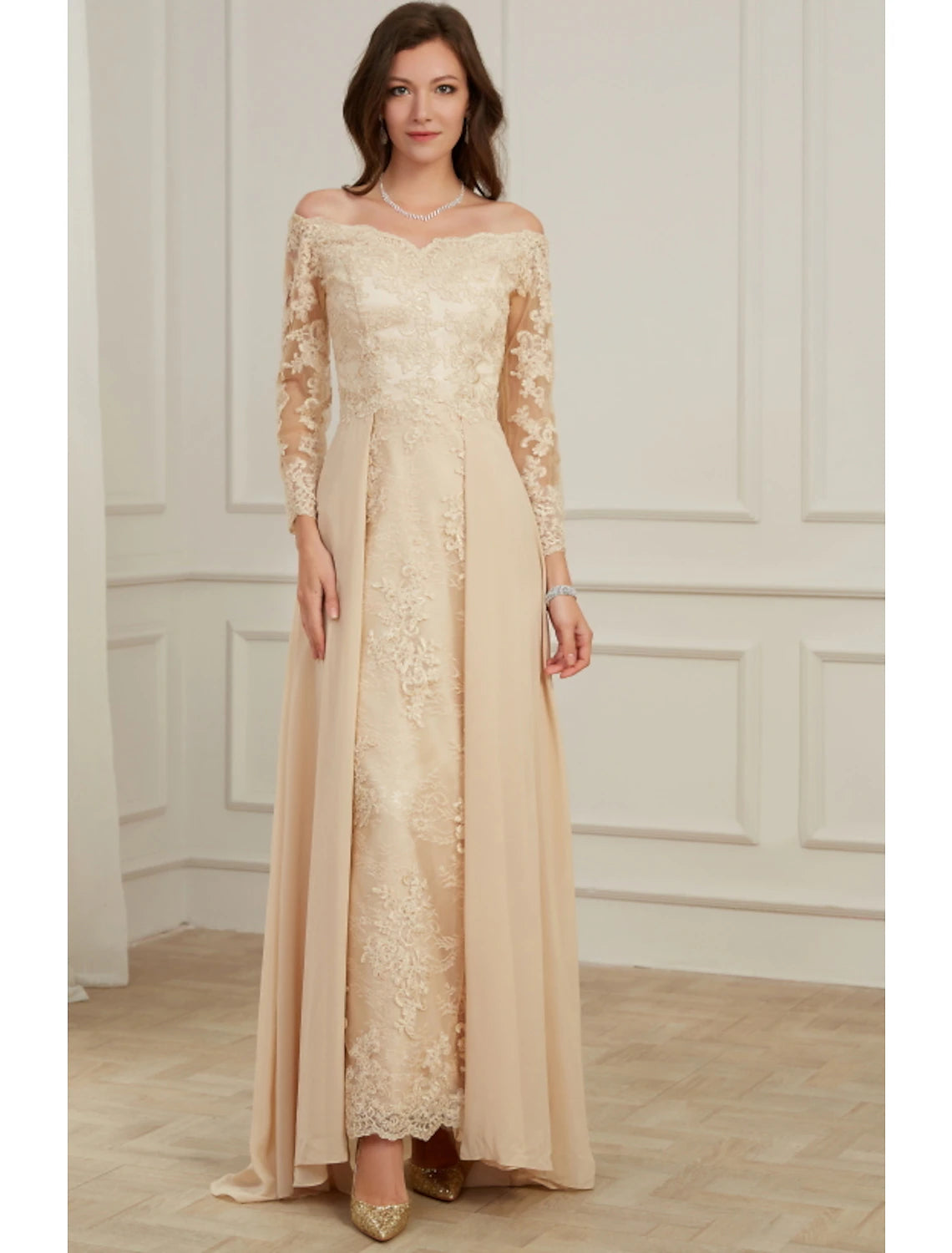 Casual Attire For Women A-Line Evening Gown Elegant Dress Wedding Guest Formal Evening Floor Length Long Sleeve Off Shoulder Polyester with Overskirt Appliques