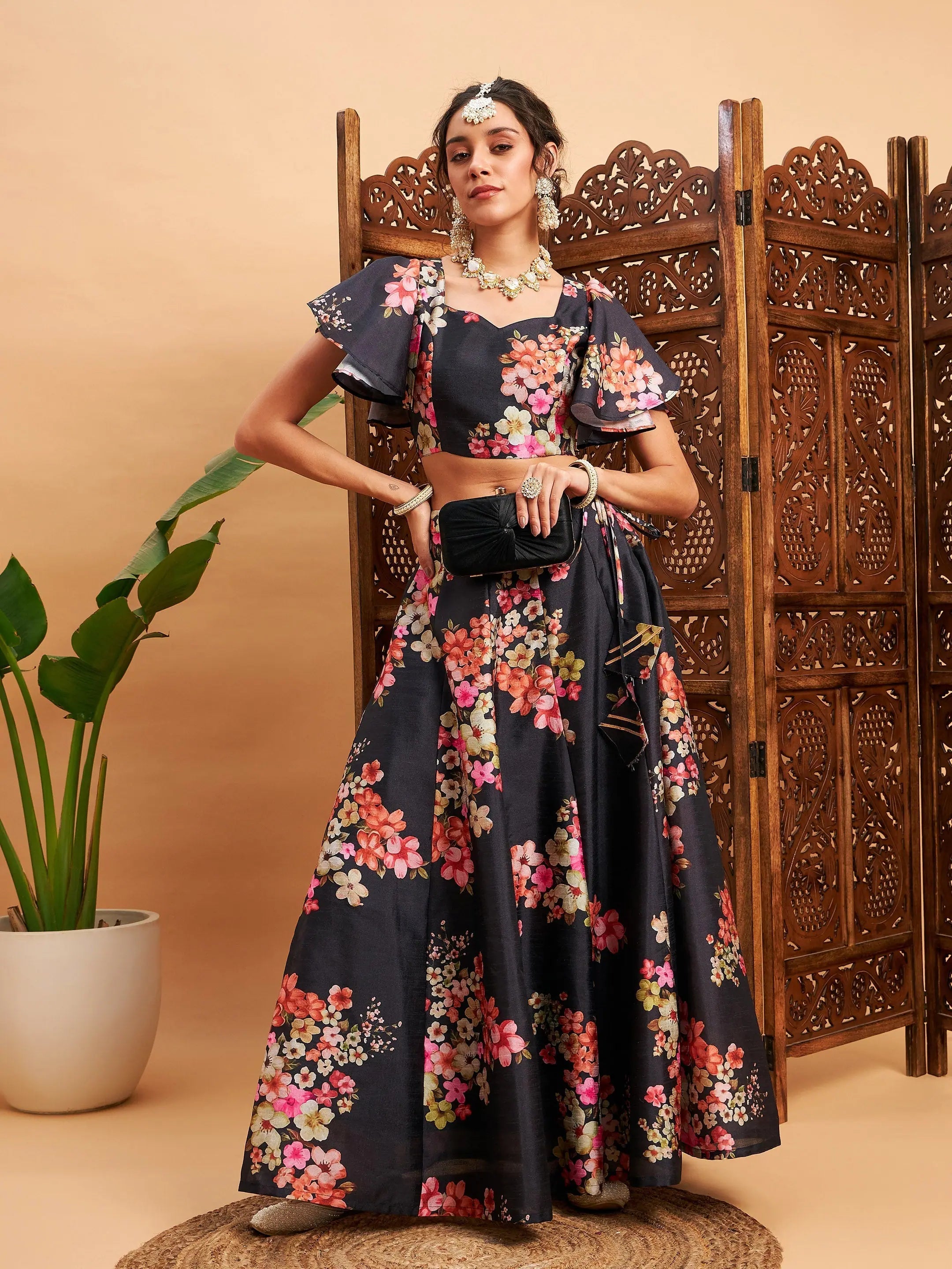 Women's Formal Event Outfit Women Black Floral Anarkali Skirt With Crop Top