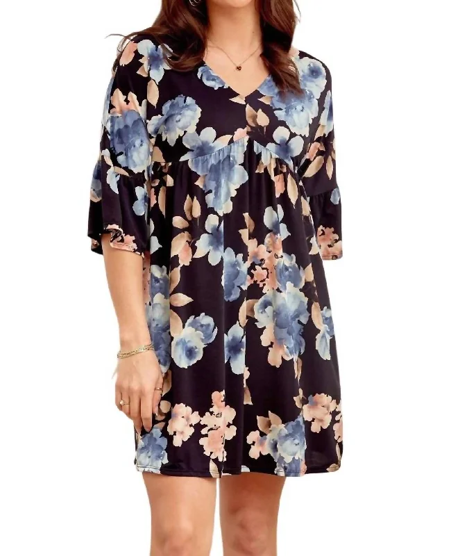 Women's Holiday Attire V-Neck Baby Doll Dress - Plus In Navy Multi Floral