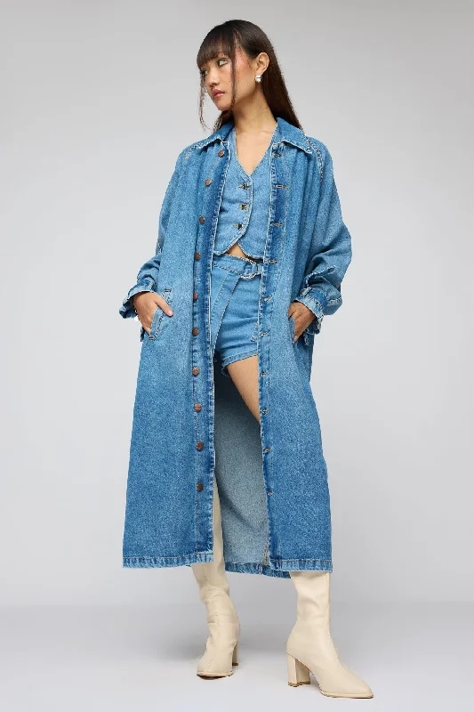 Women's Tailored Outfit Basic Blue Denim Trenchcoat