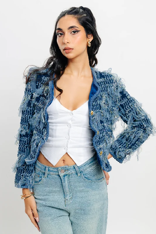 Women's Athletic Outfit Fringe Crop Blue Jacket