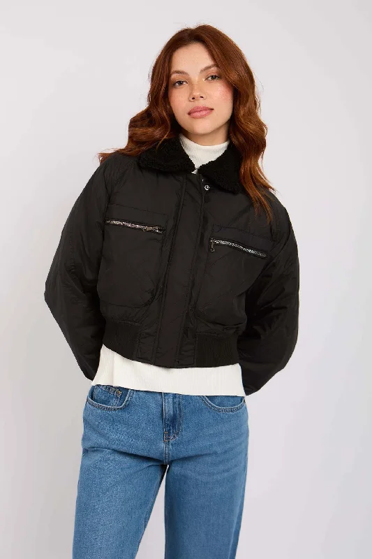 Women's Chic Outerwear Attire Women Jacket Cropped Waterproof Bomber Black