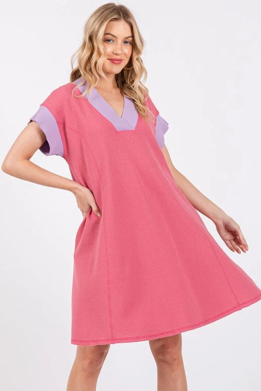 Vintage-Inspired Garments DUSTY PINK COLOR BLOCK PLEATED KNIT MINI DRESS CFDLU51660SA