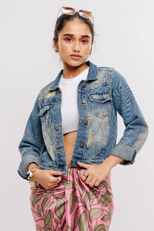 Women's Layered Outfit Classic Ripped Indigo Denim Jacket