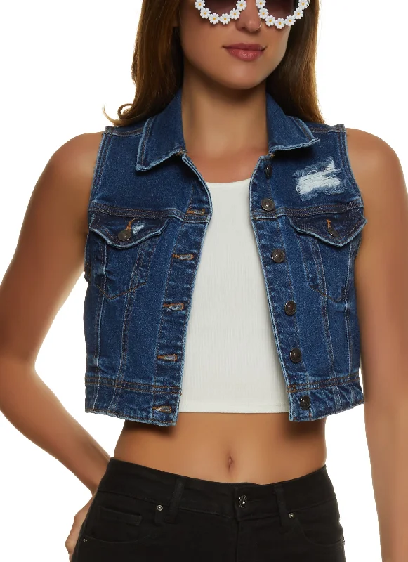 Women's Seasonal Apparel WAX Distressed Denim Cropped Vest